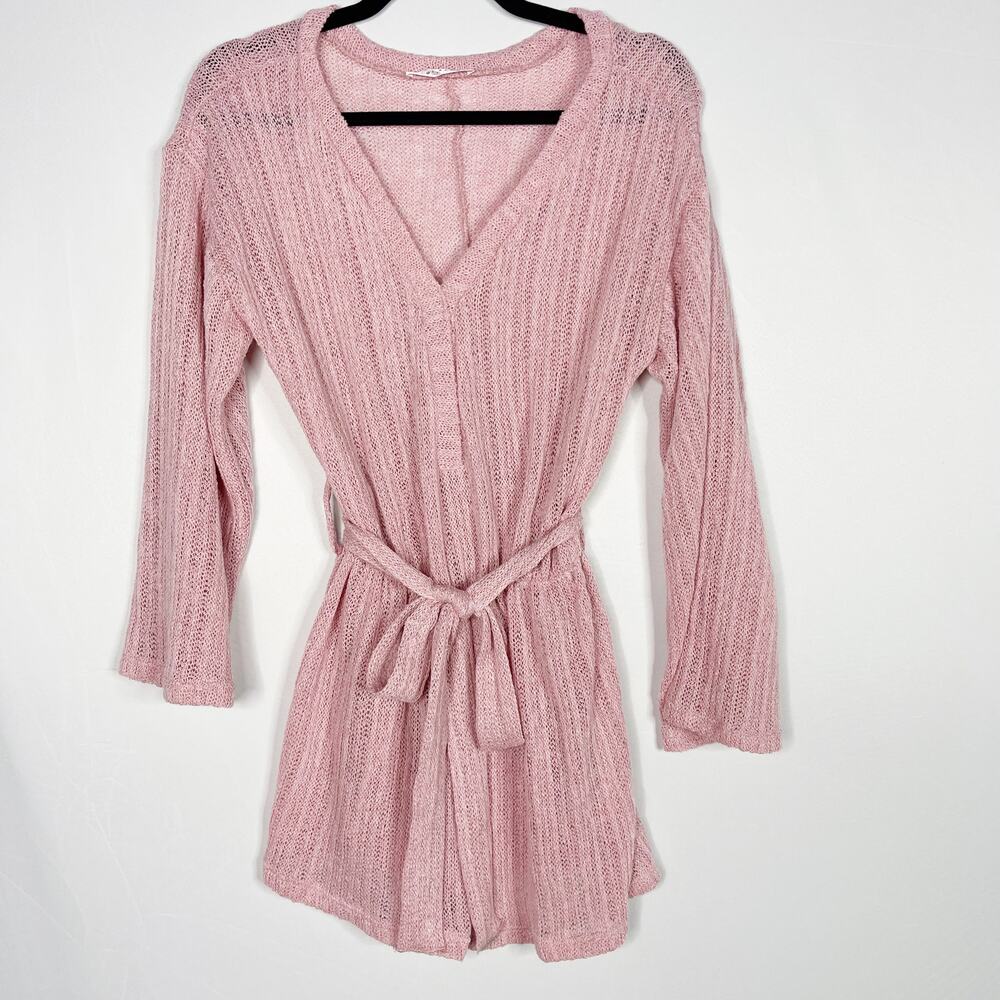 Blue Blush Pink Small S Open Knit Tie Waist Bell Sleeve Romper Cover Up Ribbed
